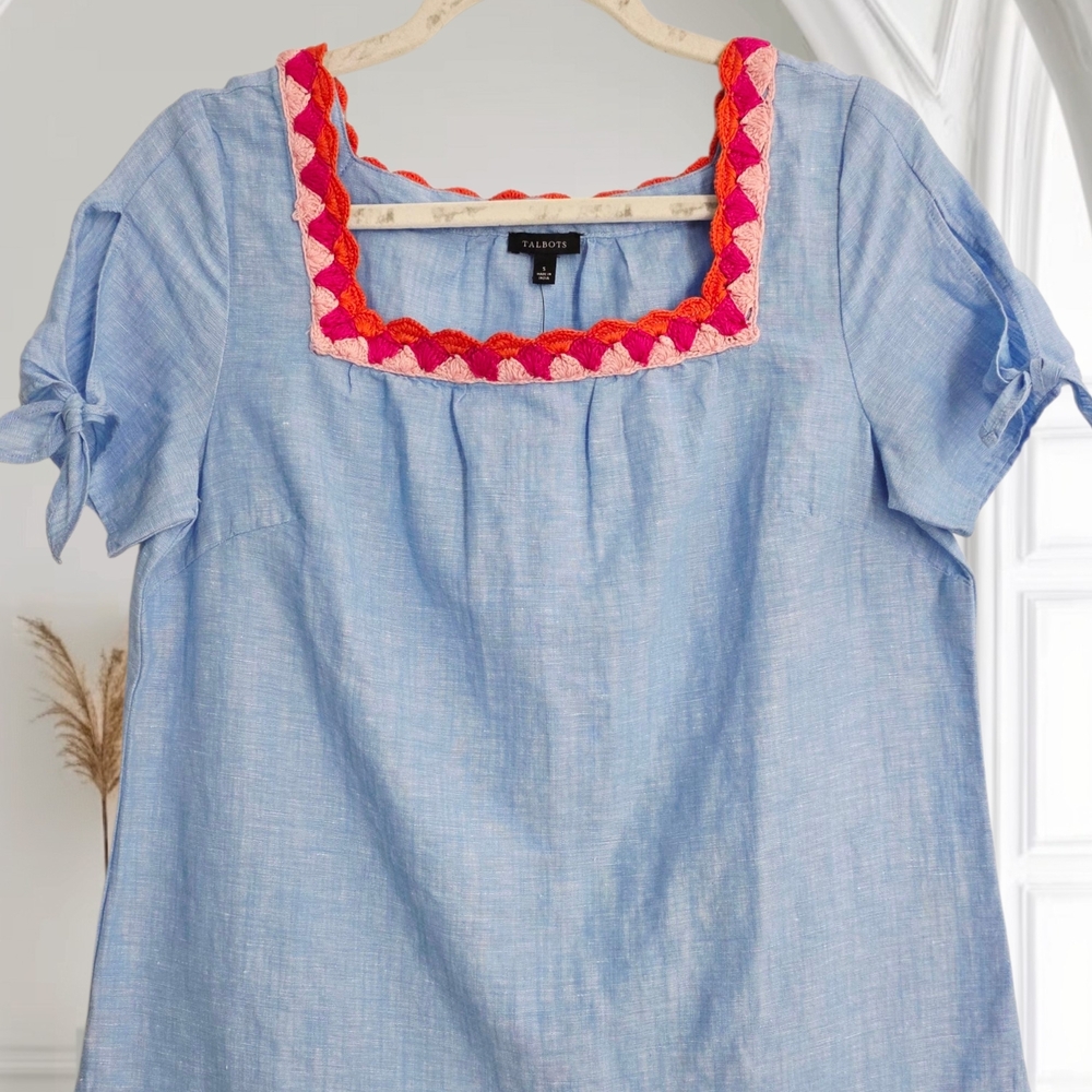 TALBOTS Boho Embroidered Linen Blue Blouse Small - Picture 2 of 12